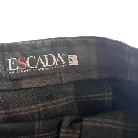 Escada Brown Black Plaid Wool Pleated Leather Belt Midi Kilt Skirt Size 38/ US M - Picture 2 of 12